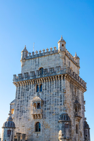Upper terrace of the 16th-century Belem Tower with its Moorish bartizan turrets and cupolas in Lisbon, a historic landmark on the banks of the Tagus River in Portugal.の写真素材