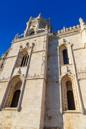 Facade of the Church of Santa Maria de Belem at historic JerÃ³nimos Monastery in Lisbon. Built between 1516 and 1518, it is a UNESCO World Heritage Site.の写真素材
