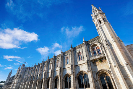 Wide angle of the historic 16th century JerÃ³nimos Monastery or Hieronymites Monastery in Belem, Lisbon. It is a Portuguese national monument and UNESCO World Heritage Site.の写真素材