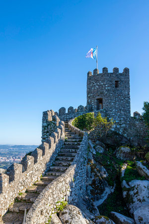 Castle of the Moors or Moorish Castle is a historic hilltop medieval castle in Sintra, Portugal, built in the 8th century as a strategic defence of the Iberian Peninsula. It is a UNESCO World Heritage Site.の写真素材