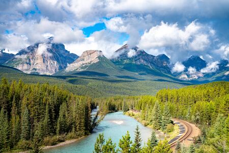Morants Curve, famous landscape with railway. Banff National Park, Canadaの写真素材