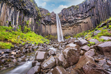 Svartifoss waterfall, detail of the upper part of the most beautiful waterfall in southern Icelandの写真素材