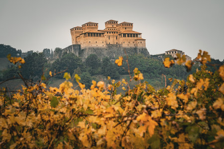 Parma, Italy,13.10.2022: famous Torrechiara Castle with vineyards in autumn colorsのeditorial素材