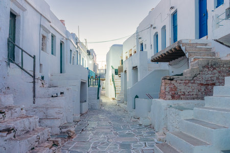 Folegandros alleyway, whitewashed buildings, blue doors, stone steps.の写真素材