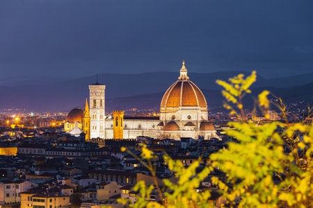Florence, Italy, at dusk: the Duomo and Giottos Campanile are illuminatedの写真素材