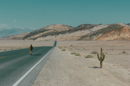 A lone hiker walks down a desert road towards distant mountainsの素材