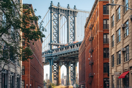 Manhattan Bridge viewed from Dumbo, Brooklyn, New York Cityの写真素材
