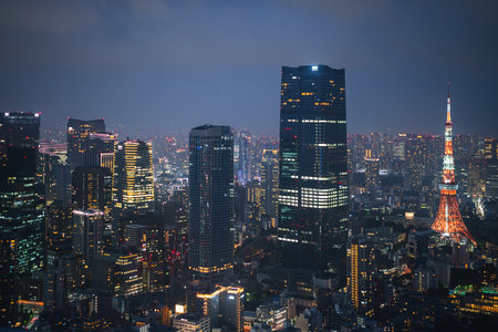 Tokyo city at night, its illuminated skyscrapers and iconic tower highlight urban lifeの写真素材