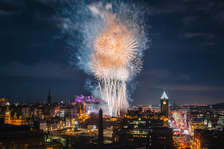 Edinburgh Hogmanay Fireworks Over the City Skylineの写真素材