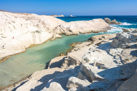 Unique white rock formations and turquoise waters of Sarakiniko beach, Milos Greece.の写真素材
