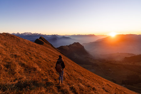 Panorama over the Swiss alps in the Bernese Oberland. Overlooking the scenery from the Augstmatthorn