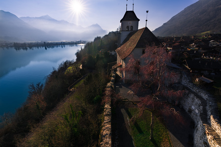 The lake located further north of Interlaken, Brienzersee in Switzerland. Located in a valley between mountainsの写真素材