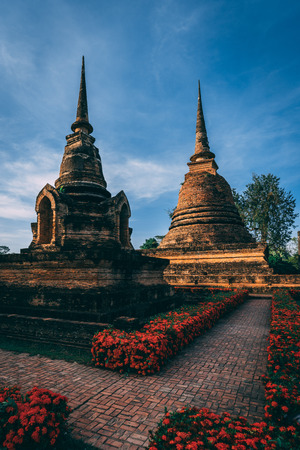 Temple complex in Sukothai, Thailand. Beautiful historic park in the middle of Thailand. Pagode in beautiful lightの写真素材