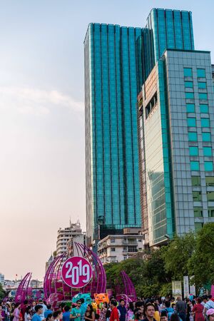 Ho Chi Minh City, Vietnam - february 4, 2019 : Nguyen Hue flower street during Lunar New Year at downtown of Ho Chi Minh Cityのeditorial素材