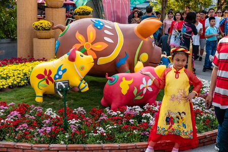 Ho Chi Minh City, Vietnam - february 4, 2019 : Nguyen Hue flower street during Lunar New Year at downtown of Ho Chi Minh Cityのeditorial素材