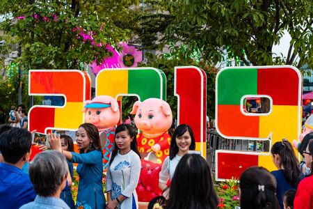 Ho Chi Minh City, Vietnam - february 4, 2019 : Nguyen Hue flower street during Lunar New Year at downtown of Ho Chi Minh Cityのeditorial素材