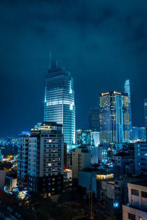 Celebration. Skyline with fireworks light up sky over business district in Ho Chi Minh City ( Saigon...