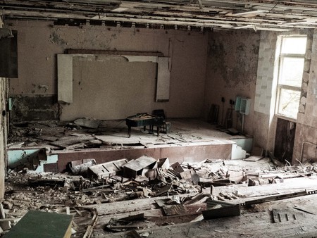 Pripyat city of ghost and playground abadoned cars. Famous Music Schoolの写真素材