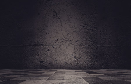 Dark room with tile floor and grunge background, Grey background concrete wall