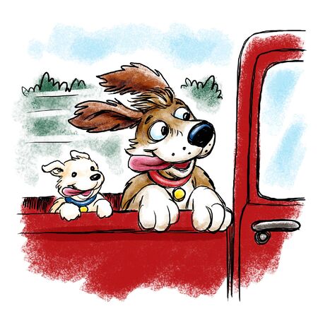 Dogs riding in truck bedの写真素材