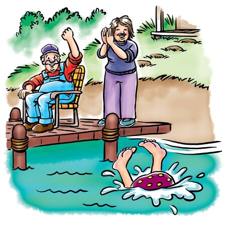 Grandparents cheer for grandchild at lakeの写真素材