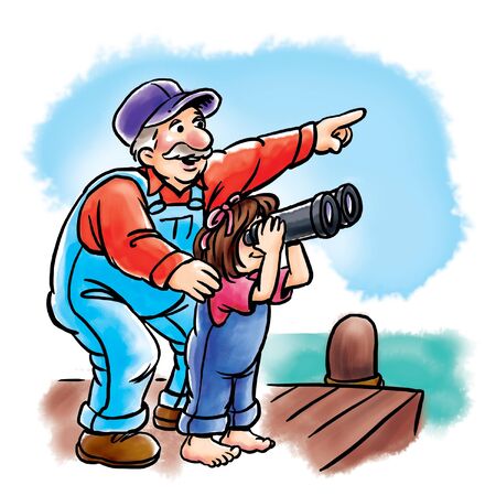 Girl looking with grandfatherの写真素材