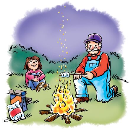 Grandfather and girl toast marshmallowsの写真素材
