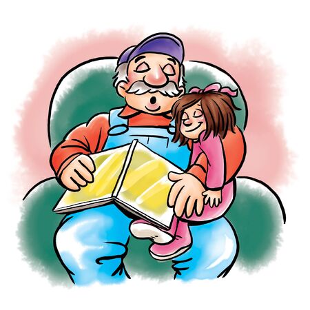 Grandfather reads bedtime story to girlの写真素材