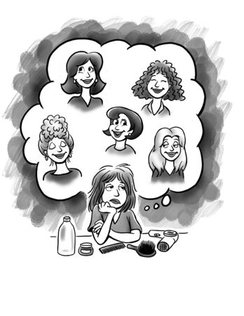 Woman imagining hair stylesの写真素材