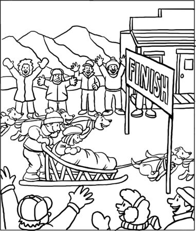 Coloring Page of Children and Dog Sledの写真素材