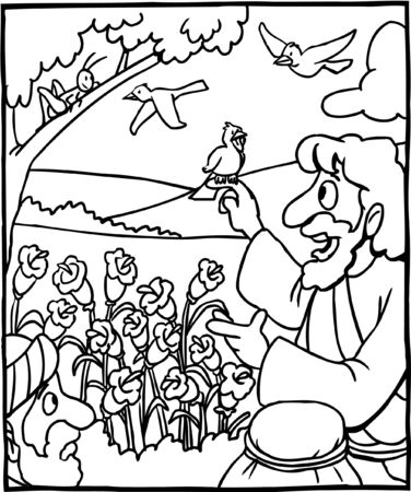 Coloring Page Jesus Birds and Flowersのイラスト素材