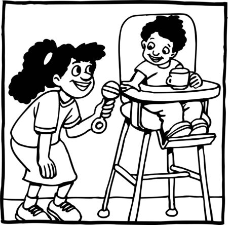 Girl handing baby boy a rattleのイラスト素材