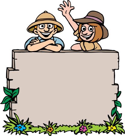 Adventurous people with blank signのイラスト素材