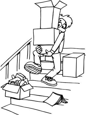 Boy carrying boxes down stepsのイラスト素材