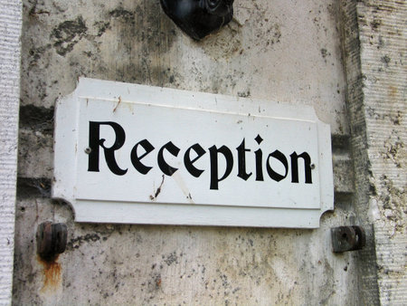 Reception old style sign in an old castle hotel の写真素材