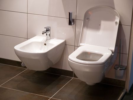 Modern bathroom toilet seat in close viewの写真素材