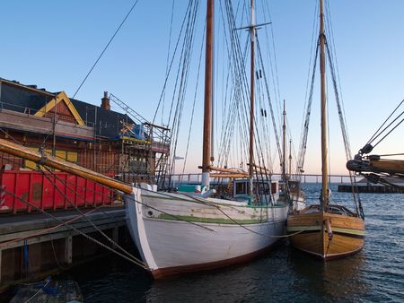 Old beautiful vintage wooden sail boats tall shipsの写真素材