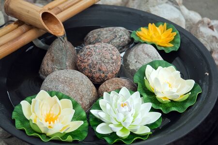 Beautiful Japanese water lilies flowers arrangement with a bamboo waterfall の写真素材