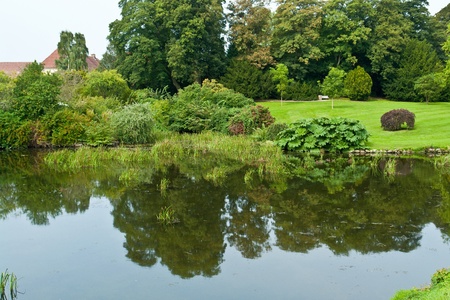 Beautiful city garden with tress and plants reflection in a lakeの写真素材