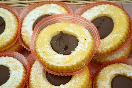 Chocolate filled cookies presented on a serving trayの写真素材