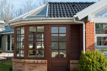 Modern design conservatory made of wooden frame and glassのeditorial素材