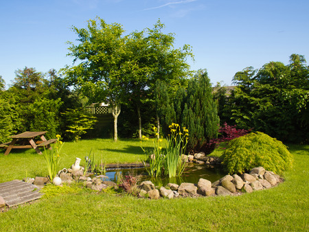 Beautiful classical garden fish pond surrounded by grass gardening の写真素材