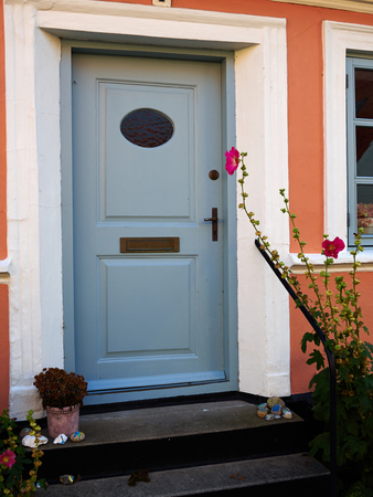 Traditional colorful craft vintage wooden front door Denmarkの写真素材