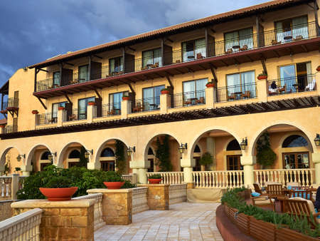 General view of a famous and fancy luxus resort hotel great and popular summer travel vacation destination - Elysium Hotel, Paphos, Cyprus, July 2019のeditorial素材