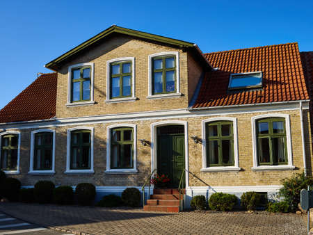 Traditional old classic vintage decorative colored picturesque style Danish house home Aero Island,...