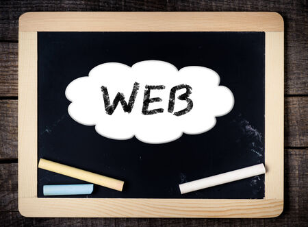 WEB handwritten with white chalk on a blackboard on wood background の写真素材