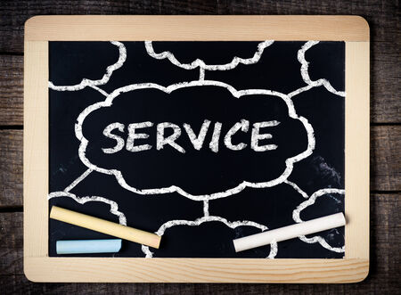 Services title written with chalk on blackboard on wood background の写真素材
