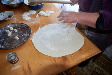 A dish of Azerbaijani national cuisine called Gyurza with deer meat from hunting meat and dough full...