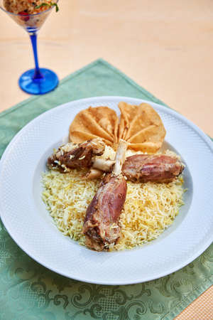 Azerbaijan national cuisine fried lamb meat with riceの写真素材