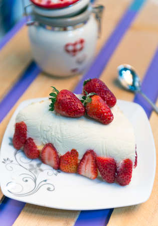 Strawberry cake on the plateの写真素材